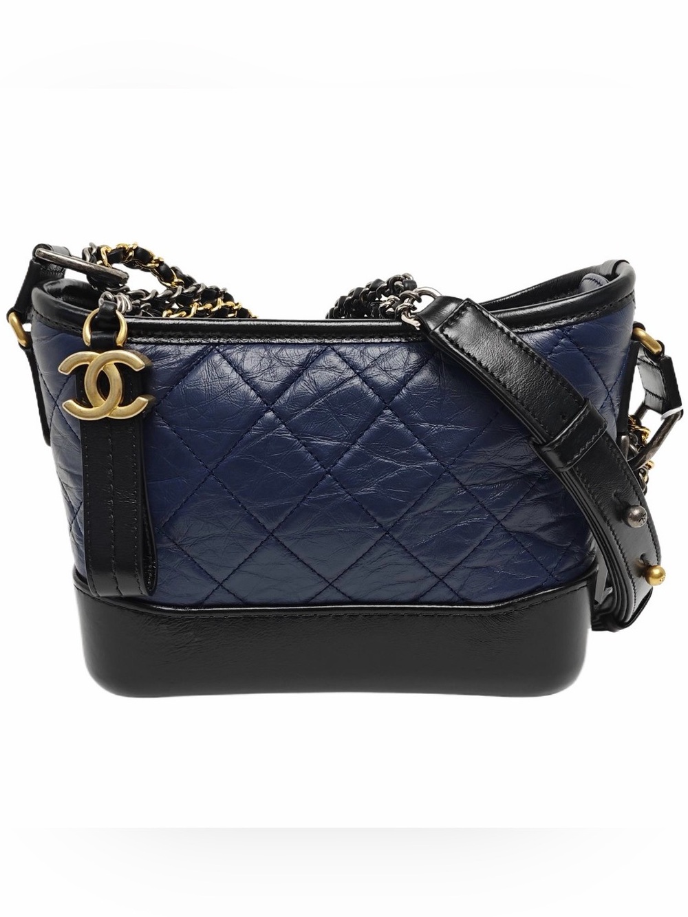 CHANEL Quilted Navy Leather Shoulder Bag with Black Trim and Gold CC Charm